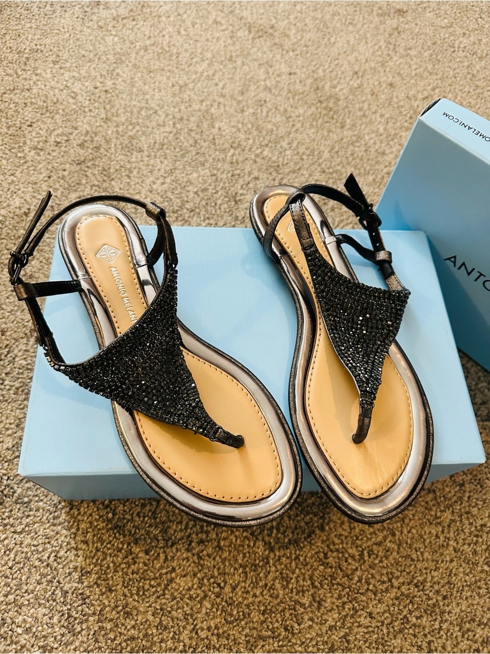 ANTONIO MELANI Black Beaded T-Strap Sandals with Adjustable Ankle